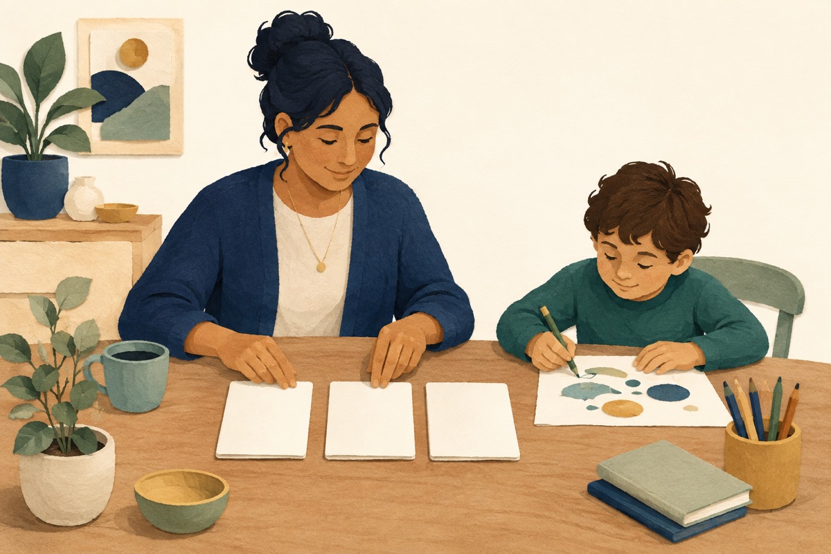 A caregiver compares three cards while a child draws at the same table.